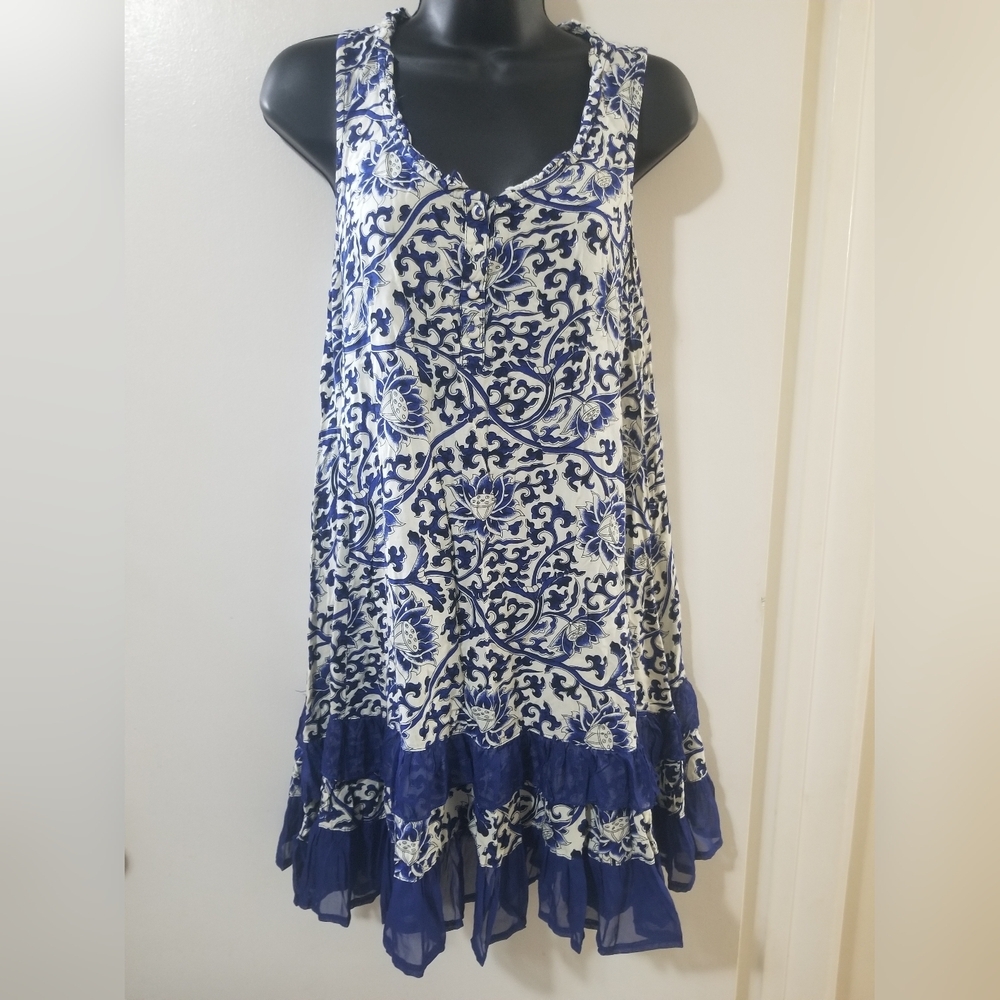 Papillon Blue White Floral Ruffle Hem Sleeveless Dress Small